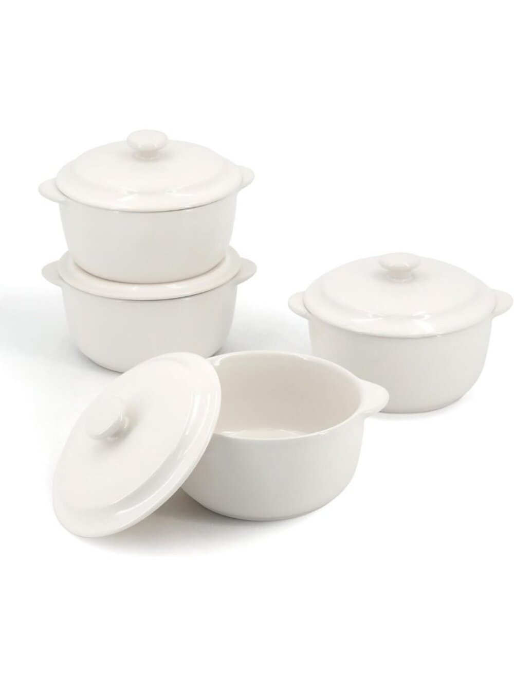 Set of 4 Mini Ceramic Cocottes - 10 oz Oven Safe Cookware, Off-White
